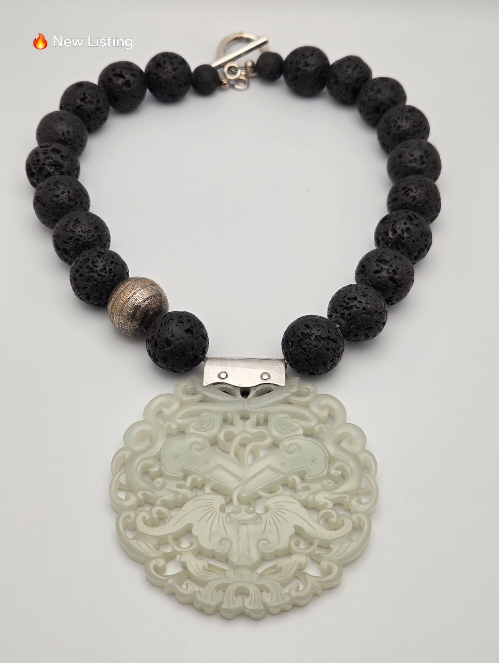 Pale Green Jade Carved Pendant Black Lava Rock Bead Necklace 19"